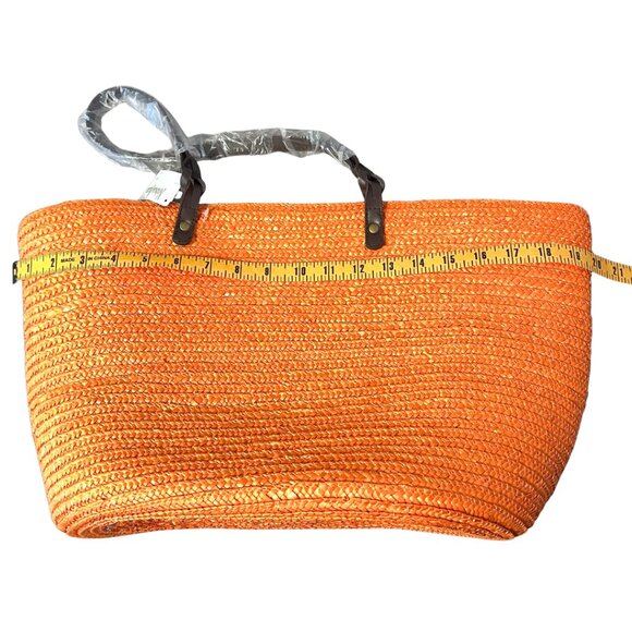 Neiman Marcus Large Straw Tote Bag Orange Boho Tropical Beach Vacation Hawaii - Picture 9 of 12
